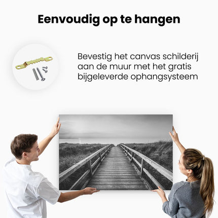 Canvas schilderij ophangen Voetpad in de Duinen met Zonsondergang - Zwart Wit