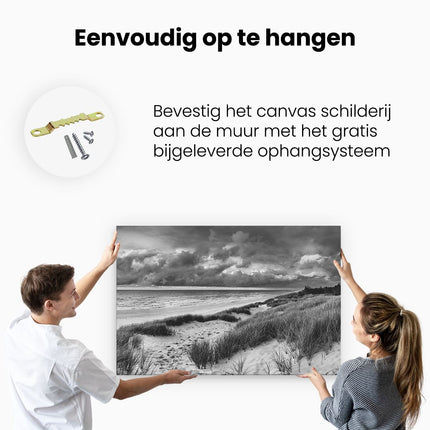 Canvas schilderij ophangen Strand en Duinen met Bewolking - Zwart Wit