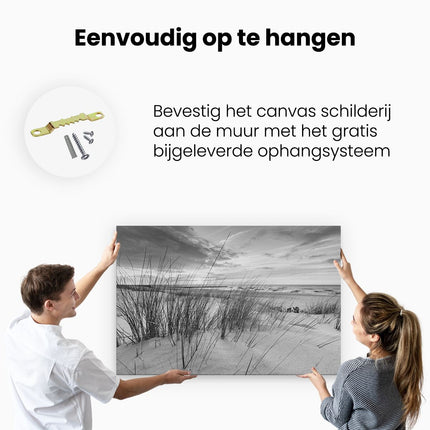 Canvas schilderij ophangen Strand en Zee vanuit Duinen - Zwart Wit