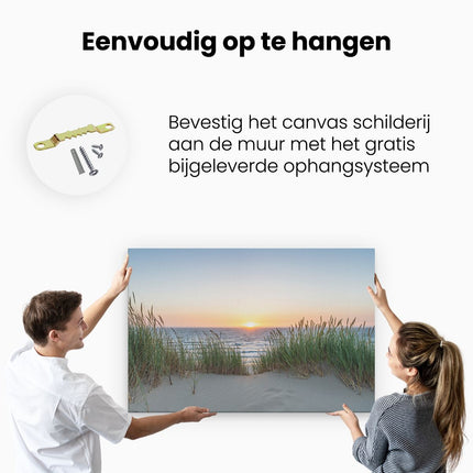Canvas schilderij ophangen Zee vanuit Duinen met Zonsondergang