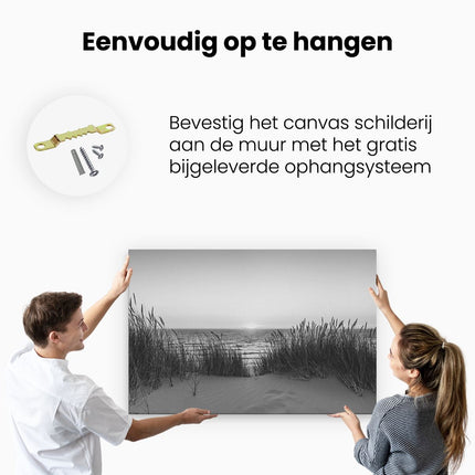 Canvas schilderij ophangen Zee vanuit Duinen met Zonsondergang - Zwart Wit