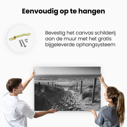 Canvas schilderij ophangen Voetpad in de Duinen met Strand en Zee - Zwart Wit