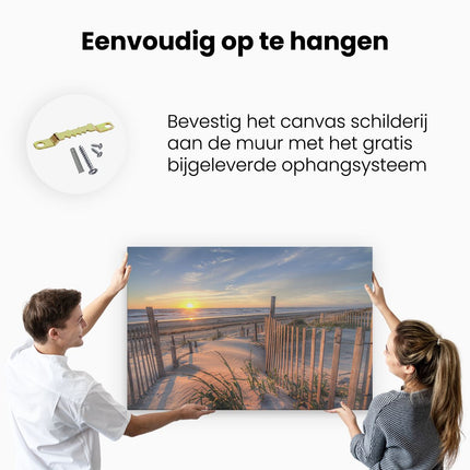 Canvas schilderij ophangen Strand en Zee vanuit Duinen met Zonsondergang