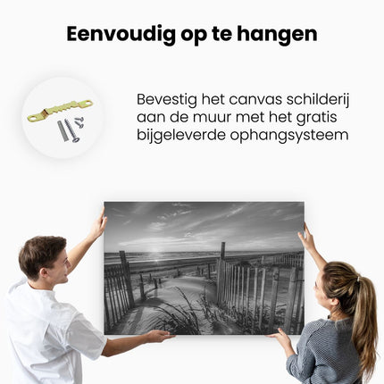 Canvas schilderij ophangen Strand en Zee vanuit Duinen met Zonsondergang - Zwart Wit