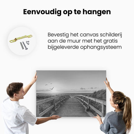 Canvas schilderij ophangen Voetpad met Zee en Vogels - Zwart Wit