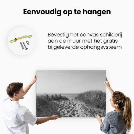 Canvas schilderij ophangen Voetpad in de Duinen met Zon - Zwart Wit