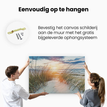 Canvas schilderij ophangen Strand en Zee vanuit Duinen met Zonsondergang