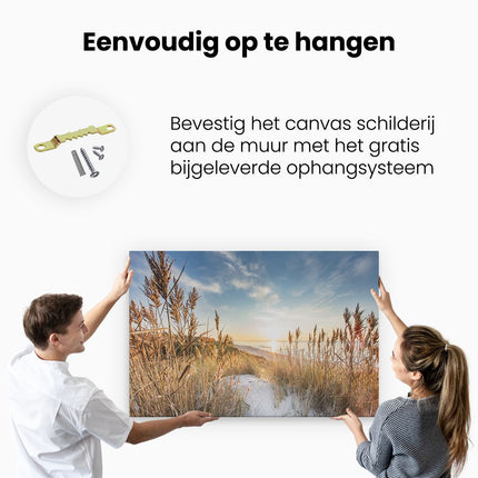 Canvas schilderij ophangen Strand en Zee vanuit Duinen met Zonsondergang