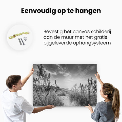 Canvas schilderij ophangen Strand en Zee vanuit Duinen met Zonsondergang - Zwart Wit