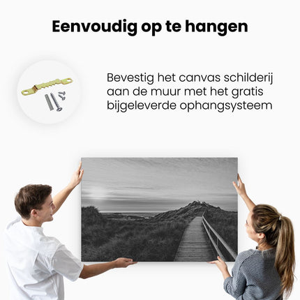 Canvas schilderij ophangen Lange Voetpad door de Duinen - Zwart Wit