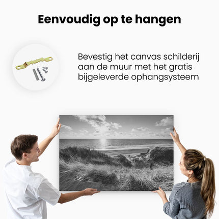 Canvas schilderij ophangen Strand en Zee vanuit Duinen - Zwart Wit