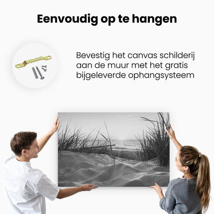 Canvas schilderij ophangen Duinen met Strand en Zee - Zwart Wit