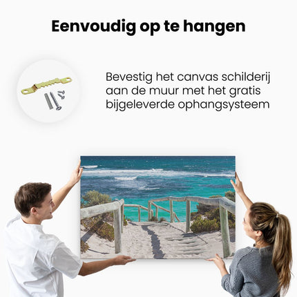 Canvas schilderij ophangen Voetpad in Duinen met Ruige Zee