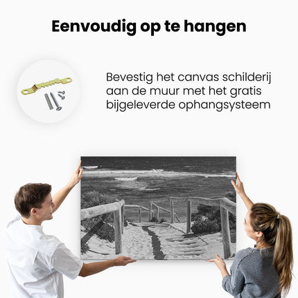 Canvas schilderij ophangen Voetpad in Duinen met Ruige Zee - Zwart Wit