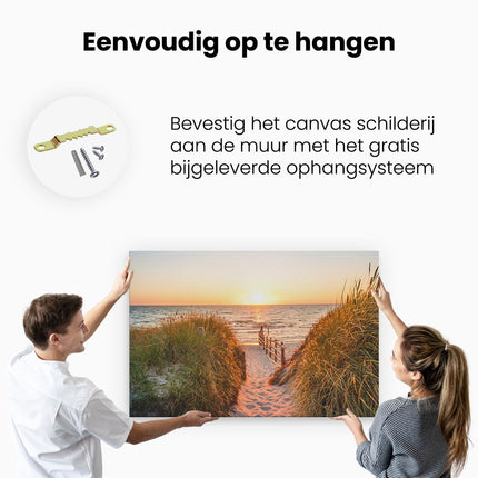 Canvas schilderij ophangen Voetpad in de Duinen met Zonsondergang