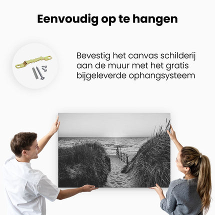 Canvas schilderij ophangen Voetpad in de Duinen met Zonsondergang - Zwart Wit