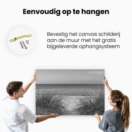 Canvas schilderij ophangen Strand en Zee vanuit de Duinen - Zwart Wit