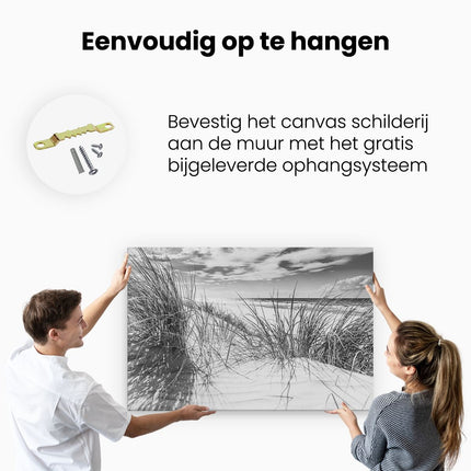 Canvas schilderij ophangen Strand en Zee vanuit de Duinen - Zwart Wit