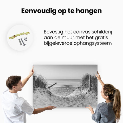 Canvas schilderij ophangen Voetpad naar Strand en Zee - Zwart Wit