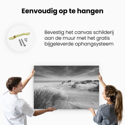 Canvas schilderij ophangen Groot Strand met Zee - Zwart Wit