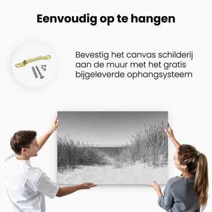Canvas schilderij ophangen Duinen met Zee - Zwart Wit