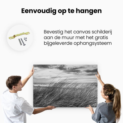 Canvas schilderij ophangen Duinen Planten met Zee en Zonsondergang - Duinen - Zwart Wit