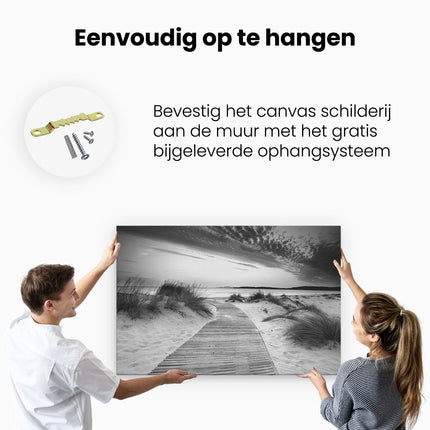 Canvas schilderij ophangen Voetpad naar het Strand en de Zee - Zwart Wit