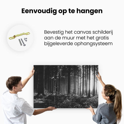 Canvas schilderij ophangen Bos met Zon tussen de Bomen - Zwart Wit