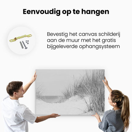 Canvas schilderij ophangen Duinplanten met Zand en Zee - Duinen - Zwart Wit