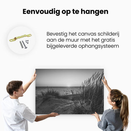 Canvas schilderij ophangen Strand en Zee vanuit de Duinen met Zonsondergang - Zwart Wit