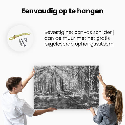 Canvas schilderij ophangen Pad in Bos met Zon tussen de Bomen - Zwart Wit