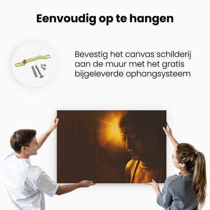 Canvas schilderij ophangen Boeddha Beeld met Gouden Zon