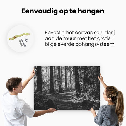 Canvas schilderij ophangen Voetpad in het Bos - Zwart Wit