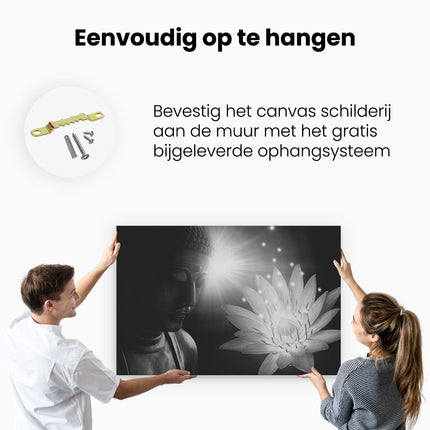 Canvas schilderij ophangen Boeddha Beeld met Bloem - Zwart Wit