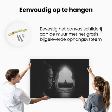 Canvas schilderij ophangen Boeddha met Mooi Uitzicht - Zwart Wit