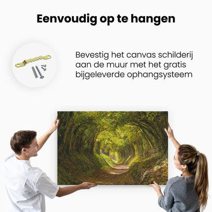 Canvas schilderij ophangen Pad in het Bos met veel Bladeren