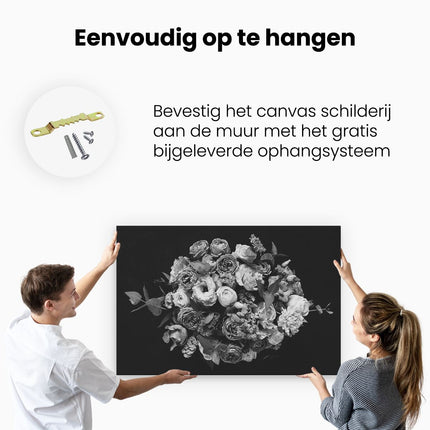 Canvas schilderij ophangen Boeket met Verschillende Bloemen - Zwart Wit