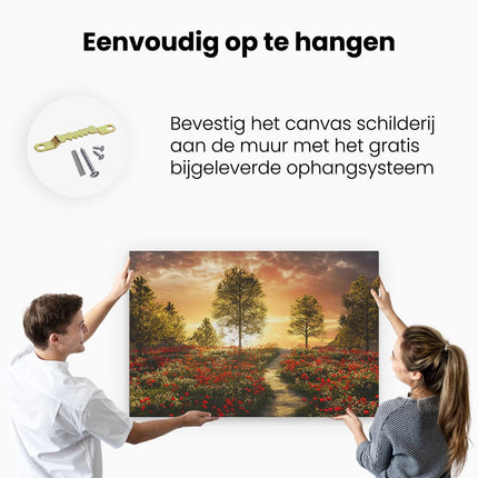 Canvas schilderij ophangen Mooi Landschap met Rode Bloemen en Zonsondergang