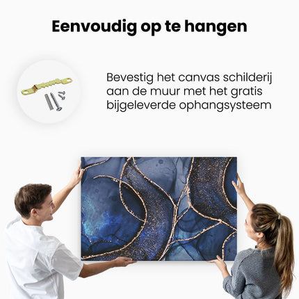 Canvas schilderij ophangen Abstracte Kunst - Blauwe Marmer met Gouden Patronen