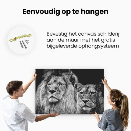 Canvas schilderij ophangen Leeuw en Leeuwin - Liefde Koppel - Zwart Wit