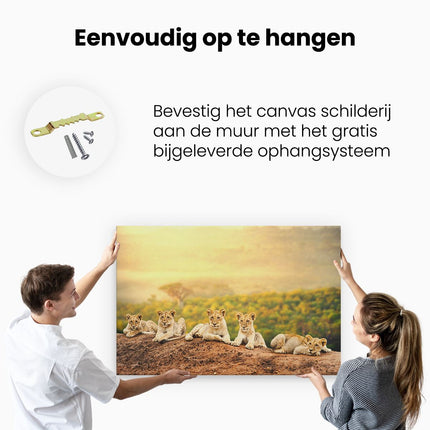 Canvas schilderij ophangen Groep Welpen in het Wild - Baby Leeuwen