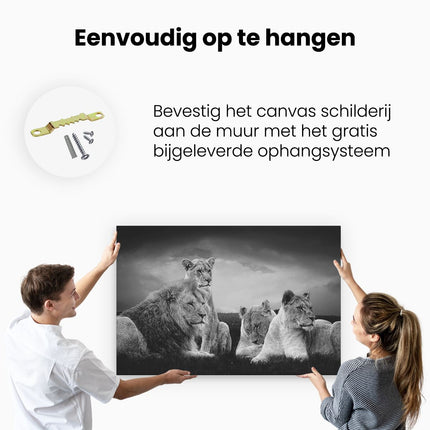 Canvas schilderij ophangen Leeuwen Familie in Afrika - Leeuw - Zwart Wit