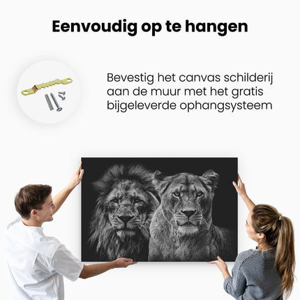 Canvas schilderij ophangen Leeuw en Leeuwin - Liefde Koppel - Zwart Wit