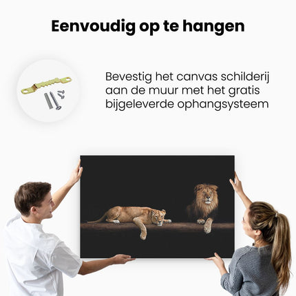 Canvas schilderij ophangen Leeuw en Leeuwin in het Donker 