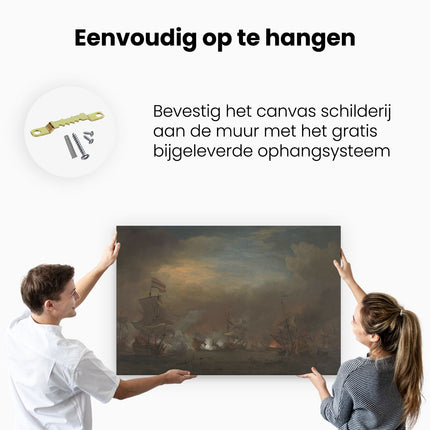 Canvas schilderij ophangen Gevecht tijdens de Zeeslag bij Kijkduin - Willem van de Velde