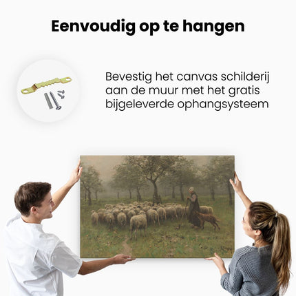 Canvas schilderij ophangen Herderin met Kudde Schapen - Anton Mauve
