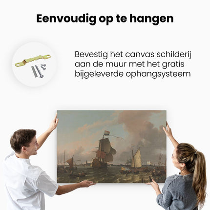 Canvas schilderij ophangen Het Oorlogsschip Brielle op de Maas voor Rotterdam - Ludolf Bakhuysen