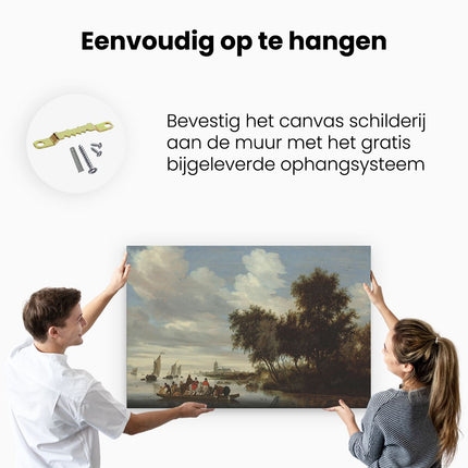 Canvas schilderij ophangen Rivierlandschap met een Veerboot - Salomon van Ruysdael