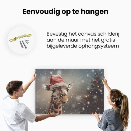 Canvas schilderij ophangen Giraffe met een Kerstmuts - Kerstmis