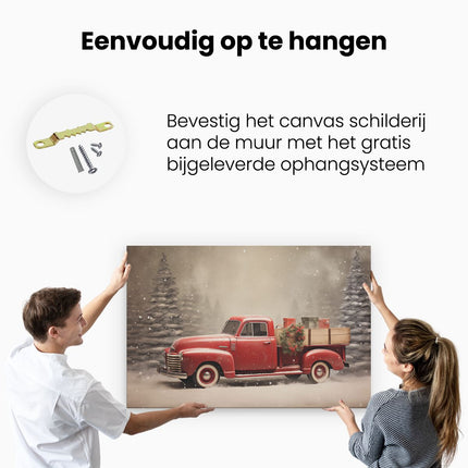 Canvas schilderij ophangen Rode Pick-Up wagen - Kerst